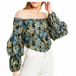 Petersyn Tropical Off-Shoulder Blouse in Blue and Green